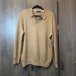 Tahari Mens Tan Basketweave Textured Knit Long Sleeve V-Neck Polo Sweater Size M
